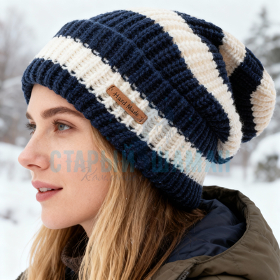 Вязаная шапка "Linginden mod35/3" (синяя в полоску, унисекс) р.55-60