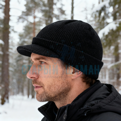 Рыболовная вязаная шапка "Linginden mod37" (черная с козырьком)  р.55-58