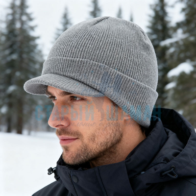 Рыболовная вязаная шапка "Linginden mod37/1" (серый с козырьком)  р.55-58